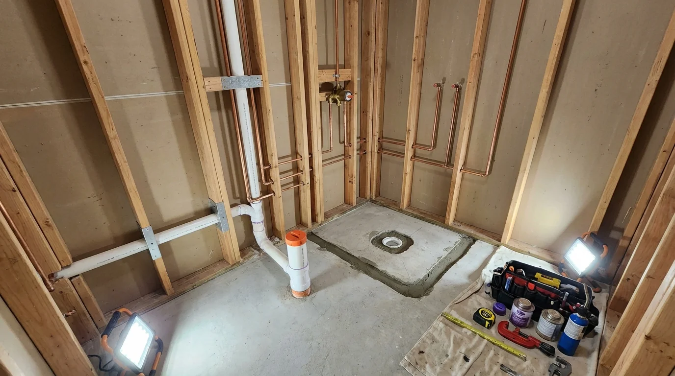 Bathroom rough-in plumbing during remodel by Johns Plumbing LLC in Alum Creek