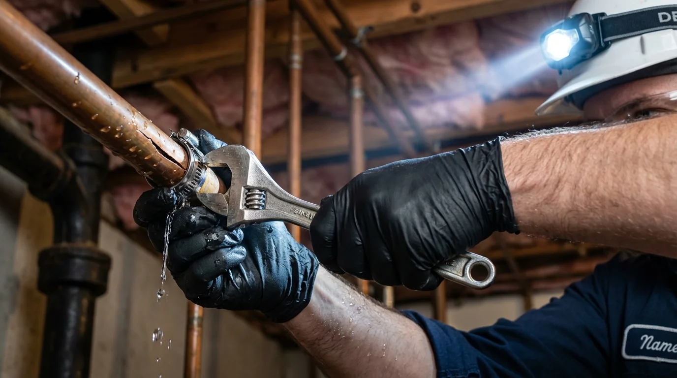 Emergency pipe clamp repair being performed by a Johns Plumbing LLC plumber in Alum Creek