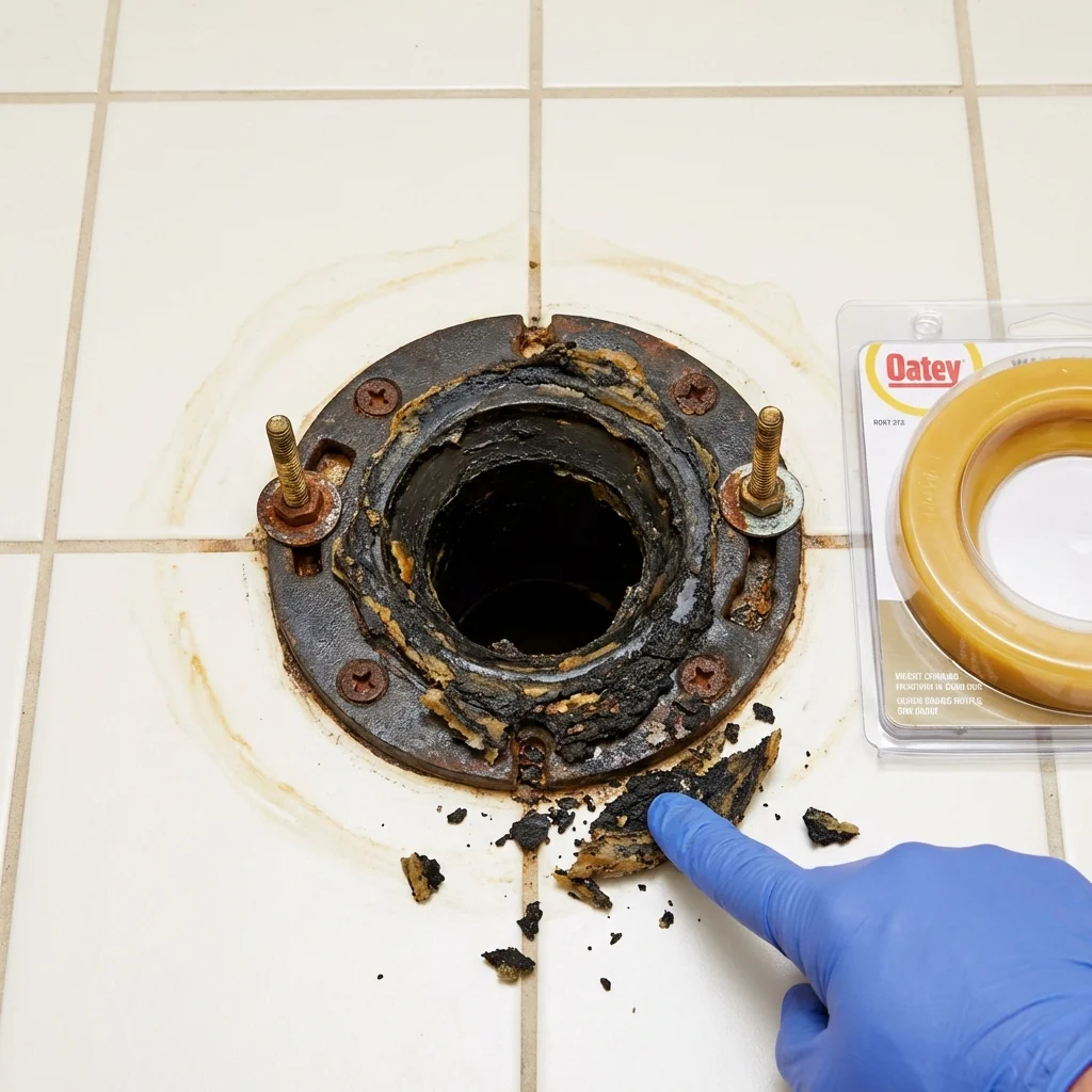 Failed wax ring showing water seepage at the base of a toilet in a Alum Creek, WV home
