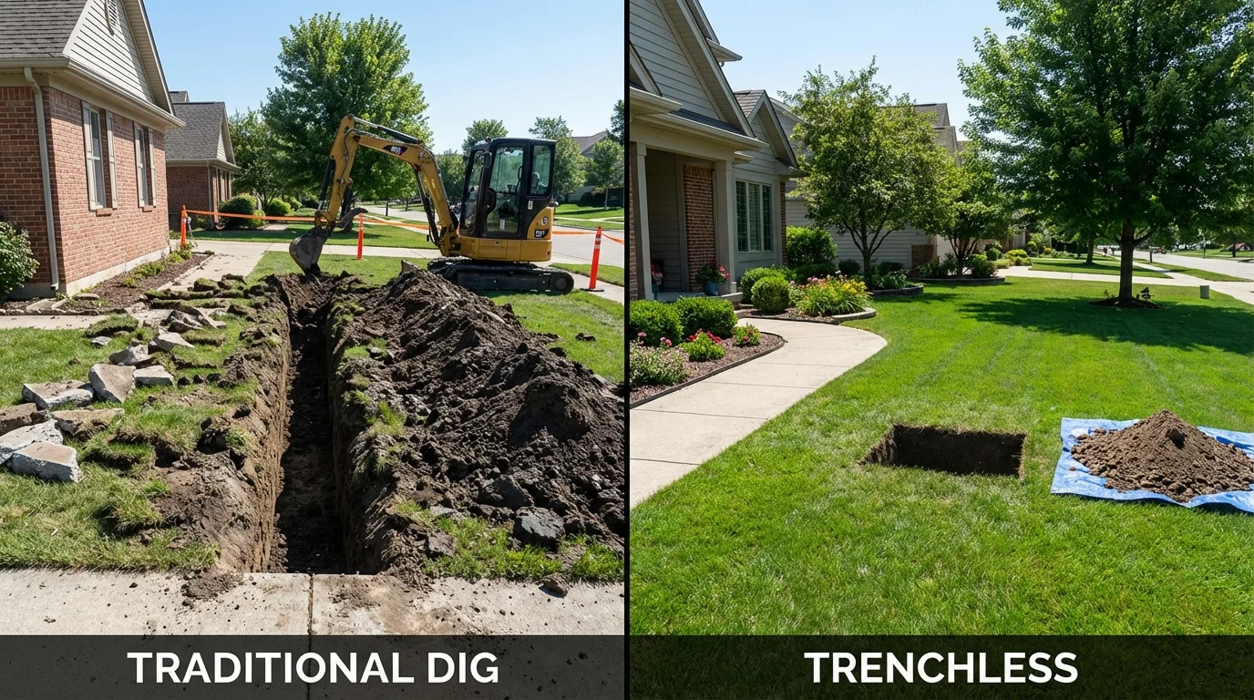 Trenchless sewer repair with minimal yard damage versus traditional excavation in Alum Creek, WV