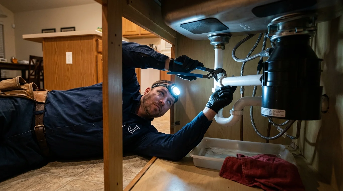 P-trap and supply line connections under a kitchen sink showing a common leak point in Alum Creek, WV